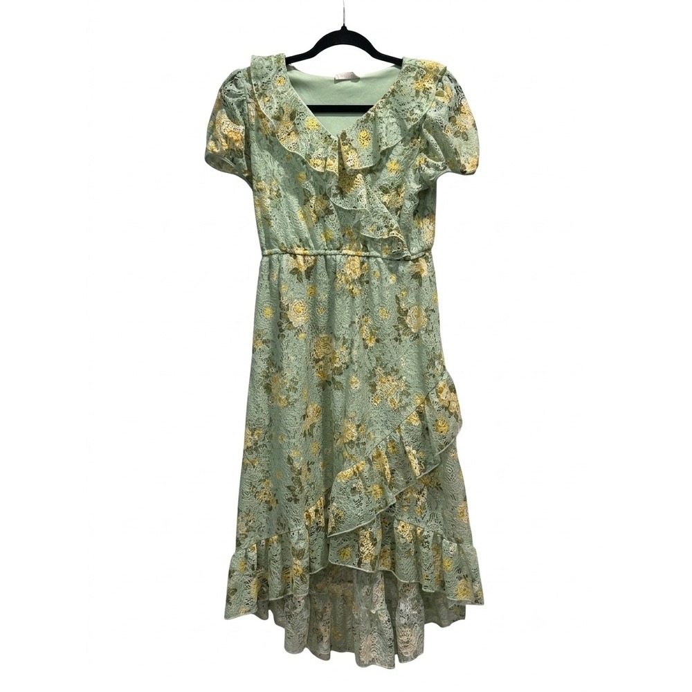 Beautees Girls Sage Green Floral Lace High-Low Ruffle Dress Size 16